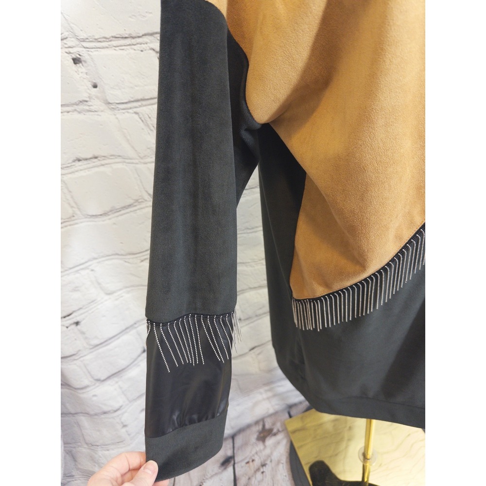 Destina Tunic Dress‎ Womens XL Black Brown Colorblock Fringe Faux Leather - Picture 5 of 11